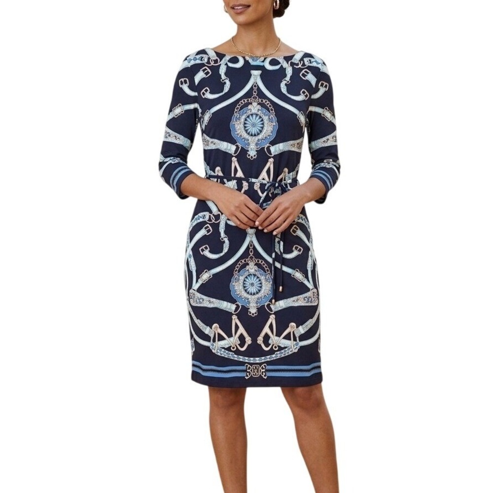 J.McLaughlin Catalina Cloth Equestrian‎ Dress Navy Chain Belt Print Preppy Mod S